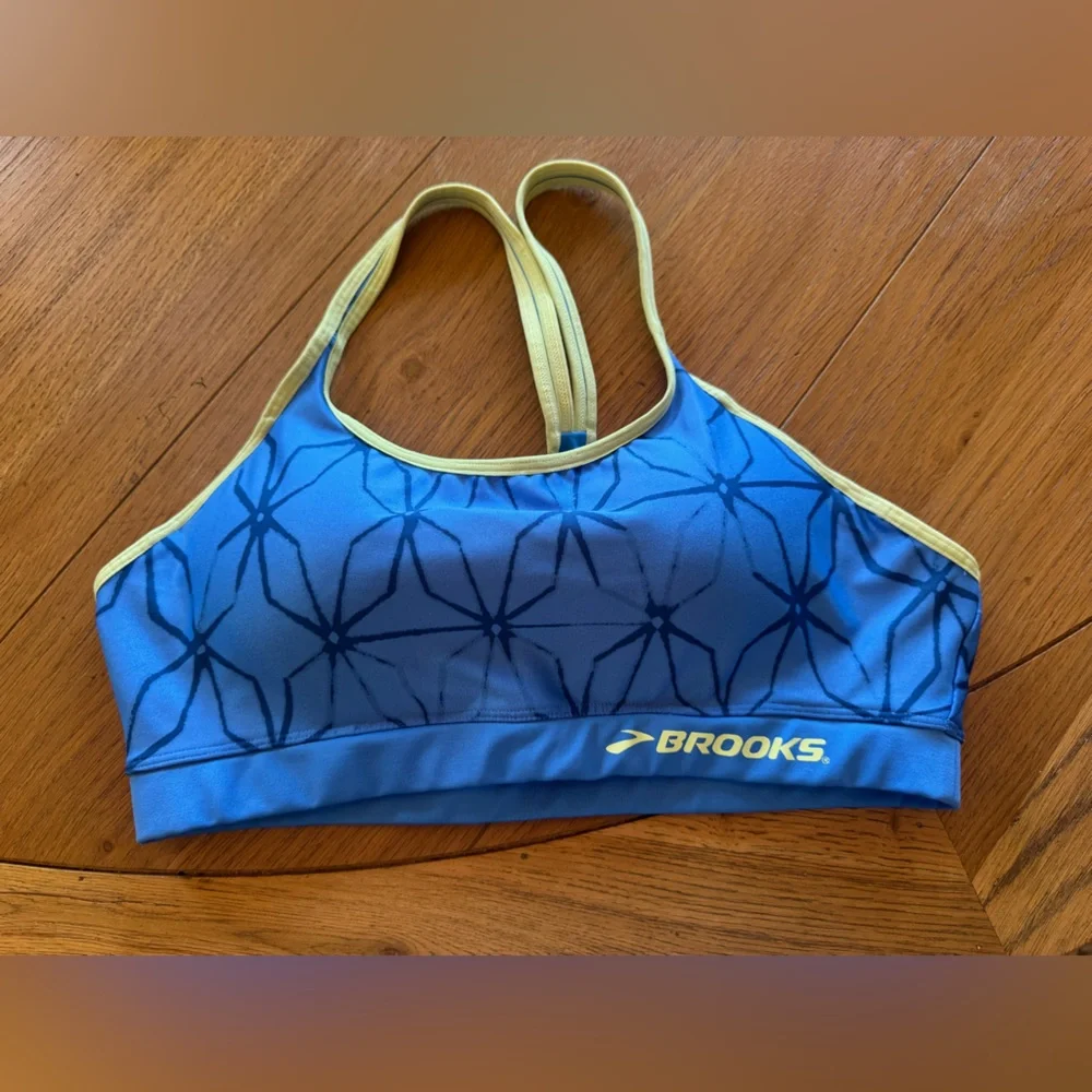 Brooks Blue Sports Bra with Yellow Trim - Picture 1 of 4